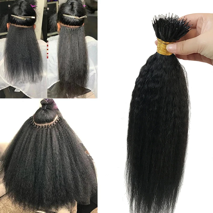 

Nano Ring Hair Extensions Kinky Straight Peruvian Remy Human Hair Extensions 1g/s 100 Strands Natural Color