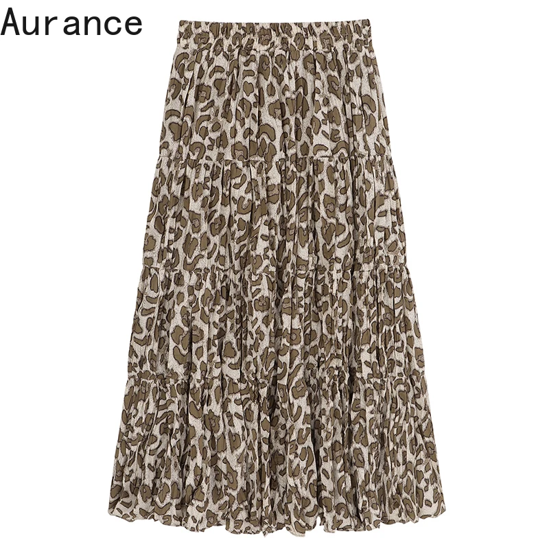 

[Aurance] Women Yellow Leopard Printed Long Pleated High Elastic Waist Half-body Skirt Fashion Tide Spring Autumn female 2021