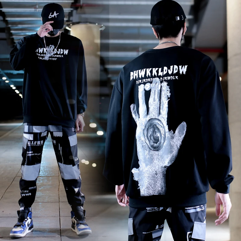 

European and American men's loose spring and autumn hip-hop Harajuku personality printed round neck men's clothing