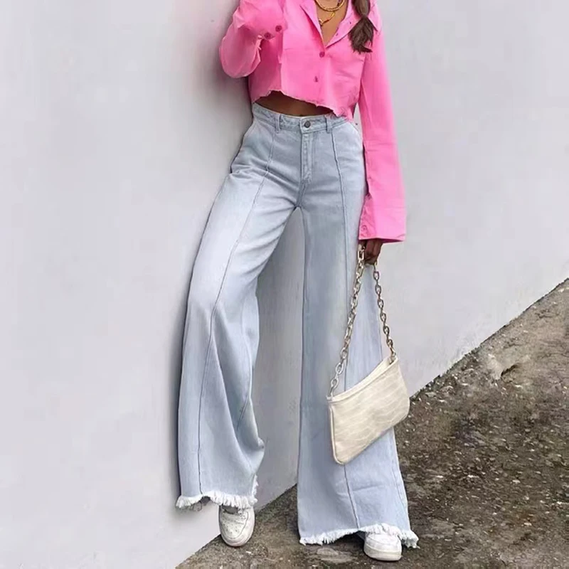 

Fashion Women's Jeans Y2K Washed Straight Tassel Pants Baggy Boyfriend High Waist Street Mom Vintage Cargo Wide Leg Trousers