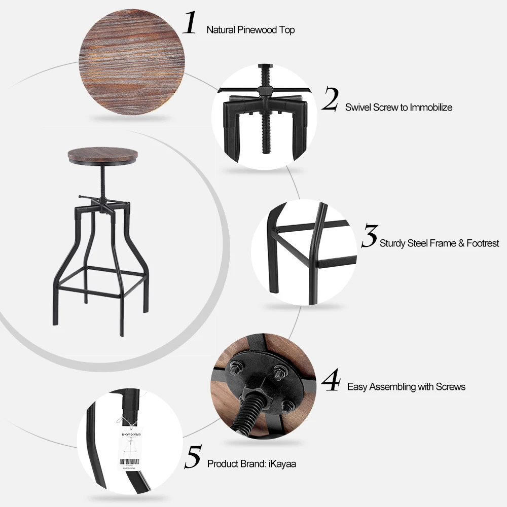 iKayaaHousehold Chairs Height Adjustable Swivel Bar Stool Industrial Style Natural Pinewood Top + Metal Kitchen Dining Chair | Мебель