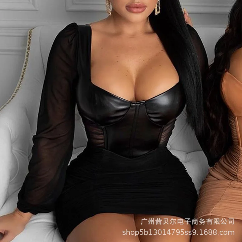 

WEPBEL Women's New Black Brown PU Leather Patchwork Full Sleeve V Neck Mini Dress Chiffon Dress Sexy Fashion