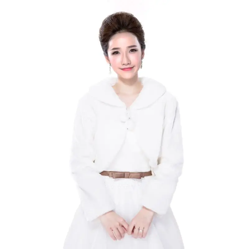 

Womens Lady Faux Fur Long Sleeve Shawl Wrap Lapel Collar Pompom Ball Lace Up White Shrug Cape Pashmina Bridal Wedding Party