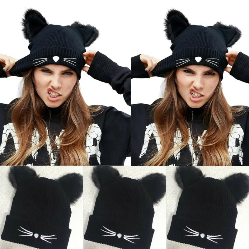 Забавная новинка кошачьи ушки женская вязаная шапочка акриловая теплая зимняя