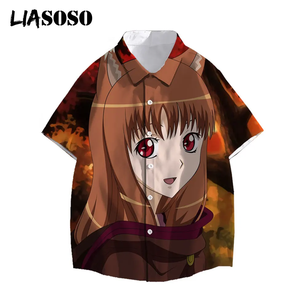 

LIASOSO 2021 Men Women 3D Print Short Sleeve Casual Shirts Button Streetwear Beach Hawaiian Shirts Anime Spice And Wolf Tops