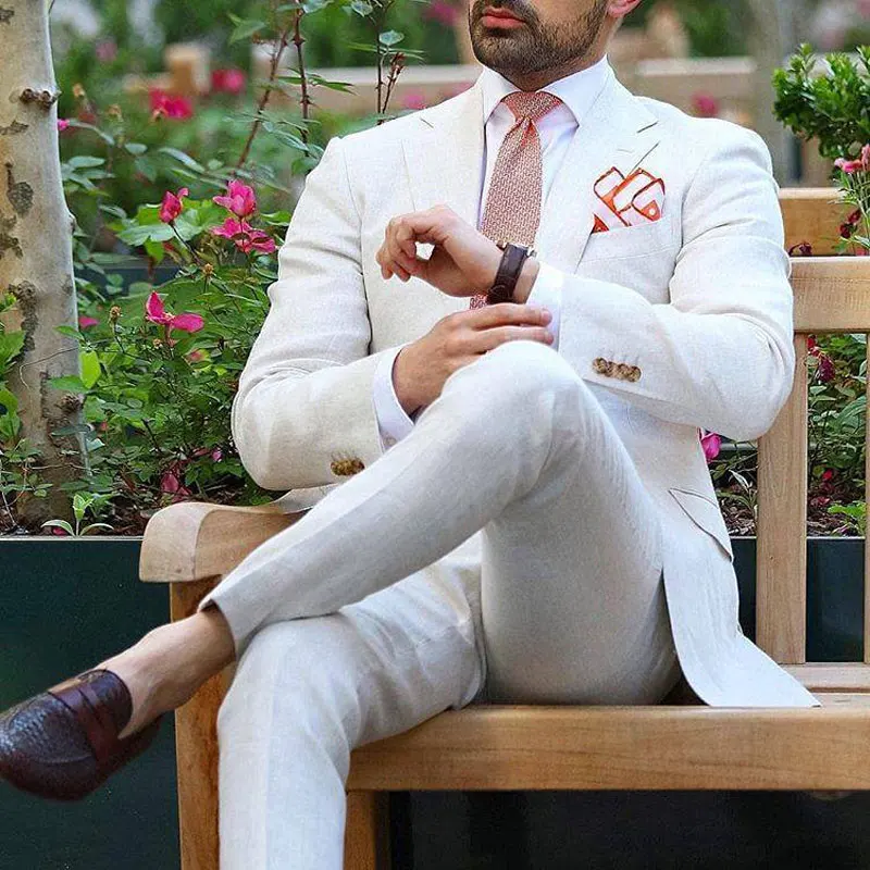 

Ivory Linen Men Suits 2019 Wedding Man Blazers Casual Prom Party Groom Tuxedos 2Pieces Slim Fit Costume Homme Terno Masculino
