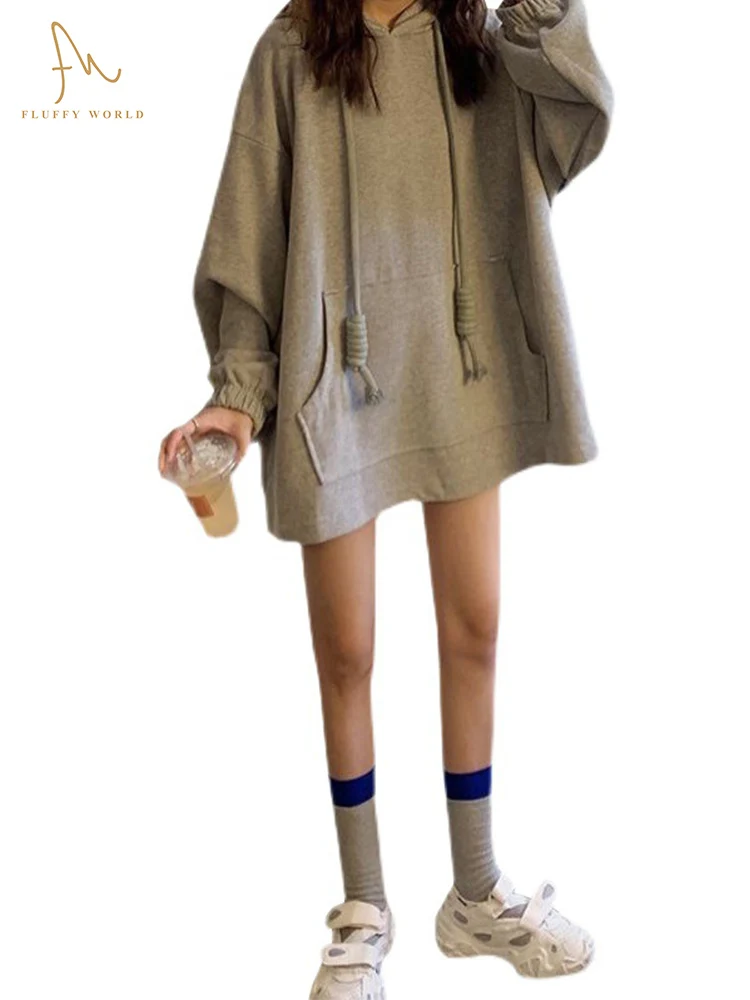

Harajuku Oversized Sweatshirts Ladies Warm Solid Color Long Length Hoodie Streetwear Japanese Casual Loose Jumper FLUFFY WORLD