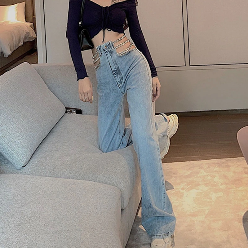 

Streetwear Side Cross Chain Hollow Out Wide-leg Pants High Waist Pants Sexy Elegant Europe Fashion Harajuku Jeans Women's Jeans