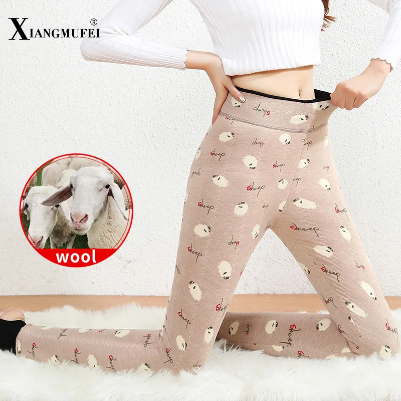 

Женские облегающие леггинсы с высокой талией из 100% шерсти, с внутренним слоем, с мультяшным рисунком, теплые штаны для Зимних Брюк