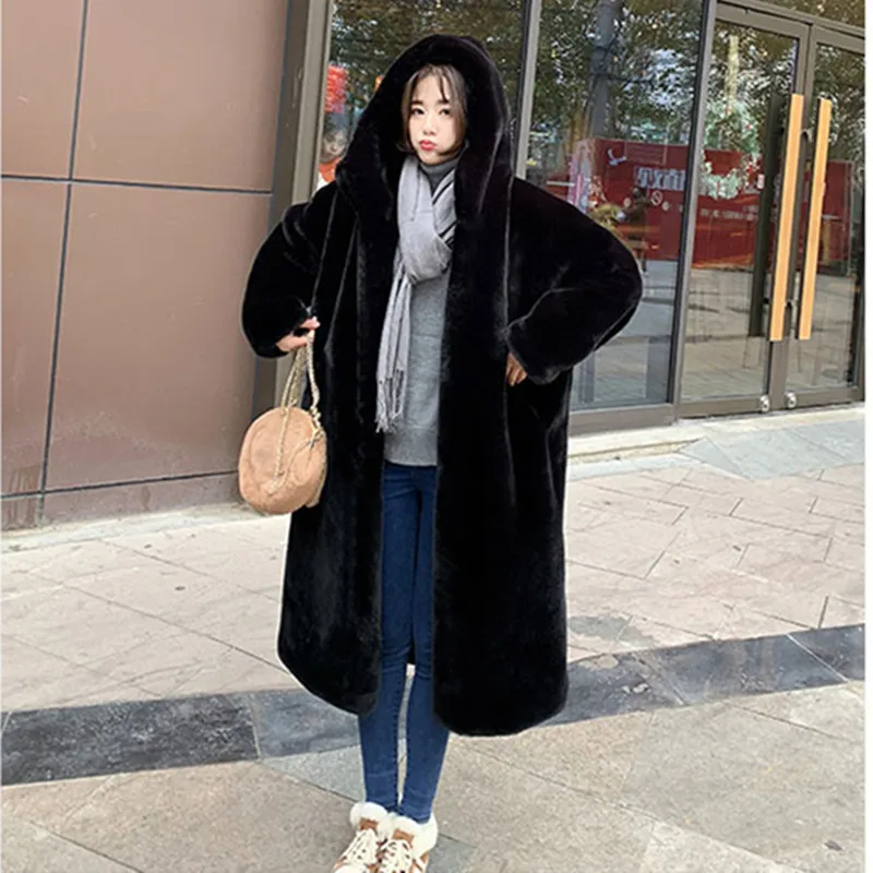 Женская Шуба из искусственного меха длинная шуба норки с капюшоном большие