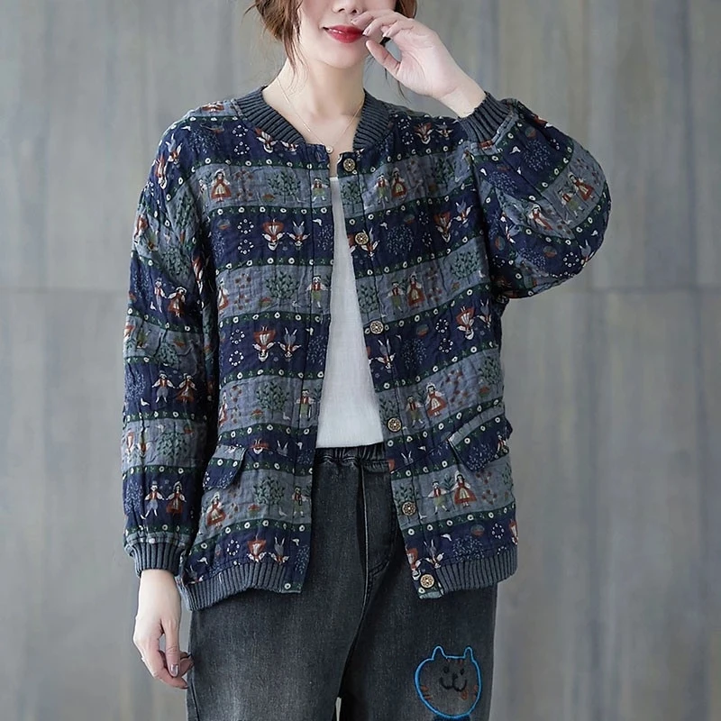 

Женская куртка из 100% хлопка, повседневная, свободная, с винтажным принтом в стиле оверсайз, осень 2021