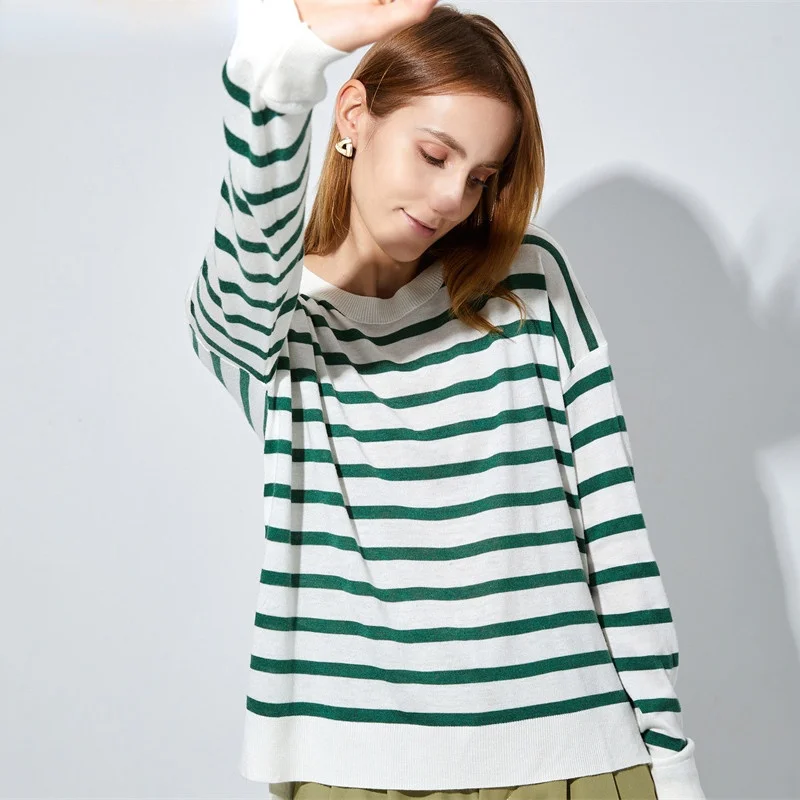

Женский трикотажный свитер в полоску, элегантный мягкий эластичный джемпер свободного покроя с открытыми плечами, весна-осень-зима