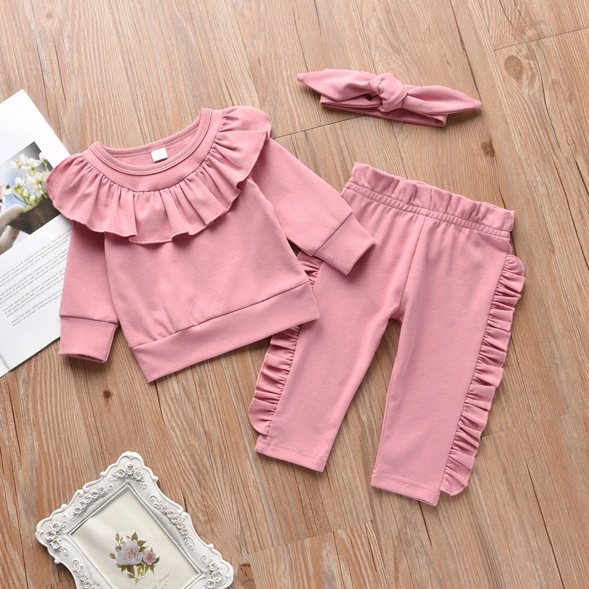 

Babys Girls Casual Ruffle Outfit Crewneck Long Sleeve Tops Pants Sets