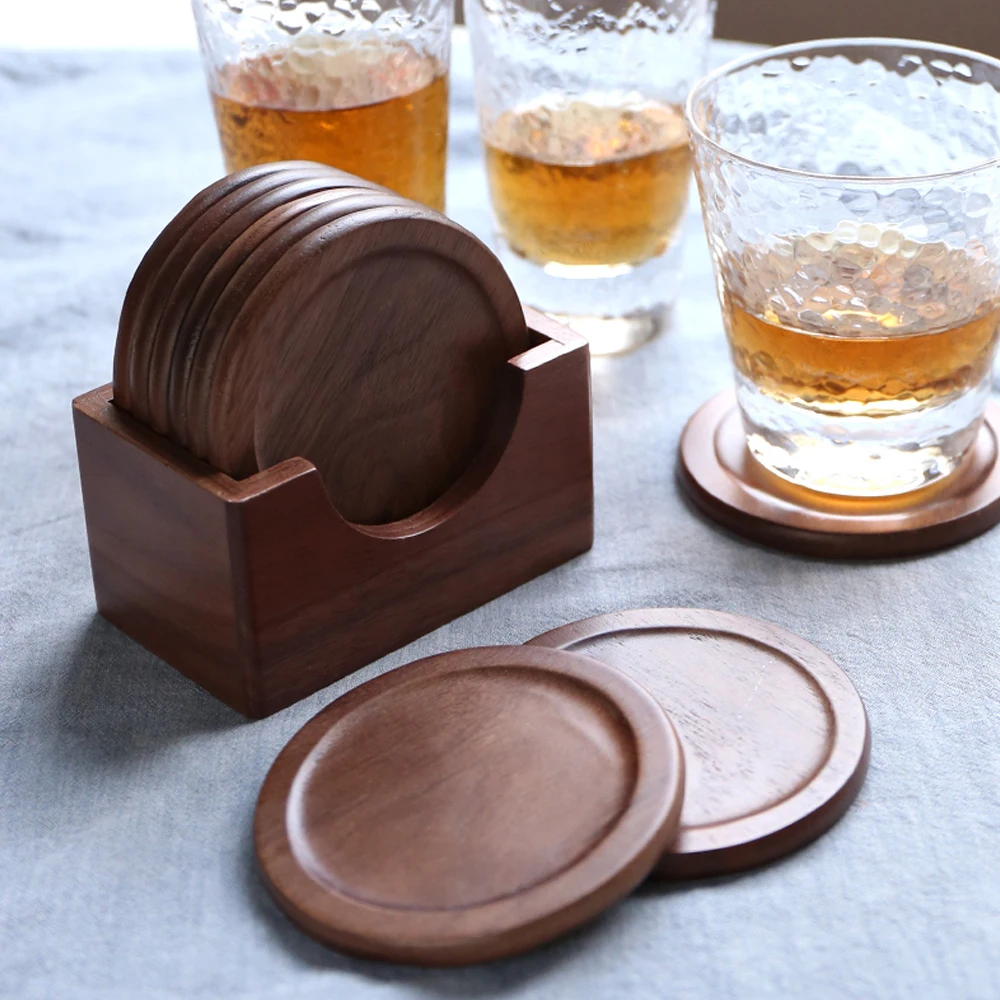 

Walnut Cup Mat Rack With 6 Round Coaster Coffee Coaster Wood Placemat Heat Resistant Shield Home Table Tea Coffee Cup Pad