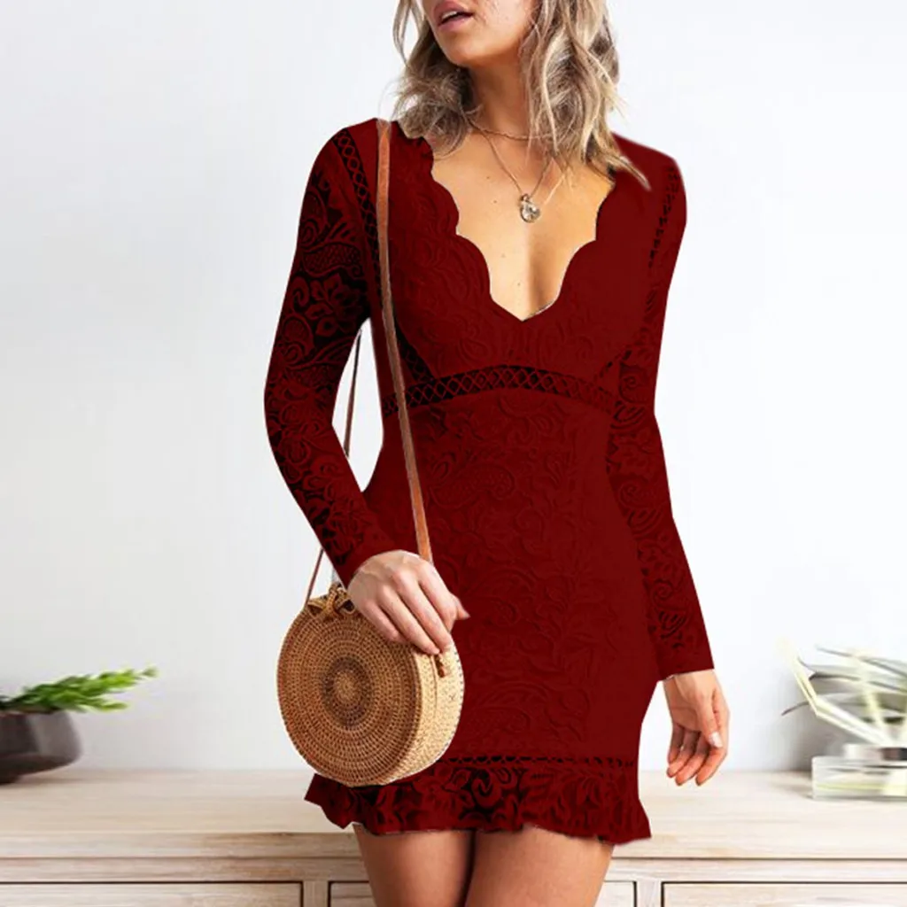 Women Sexy Slim Solid Color V-Neck Lace Long Sleeve Burn Mini Dress | Женская одежда