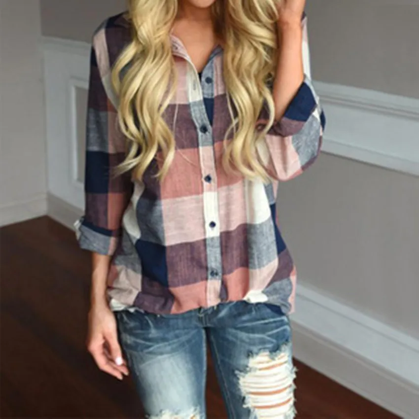 

Plaid Shirts Top and Blouses Long Sleeve Oversized Cotton Ladies Casual Blusas Streetwear One Pocket Loose Female Checked Shirt