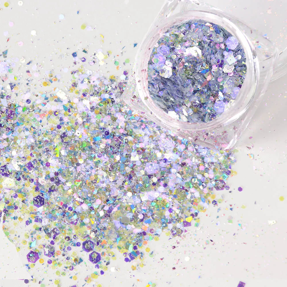 

Holographic Nail Glitter Flakes Sequin Colorful DIY Laser Irregular Polygon Dipping Powder for Acrylic Nails Tools