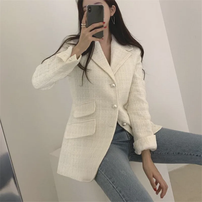 

CBAFU high quality tweed jacket women blazer long sleeve pearls button plaid foramal jacket notched outwears tops autumn P658