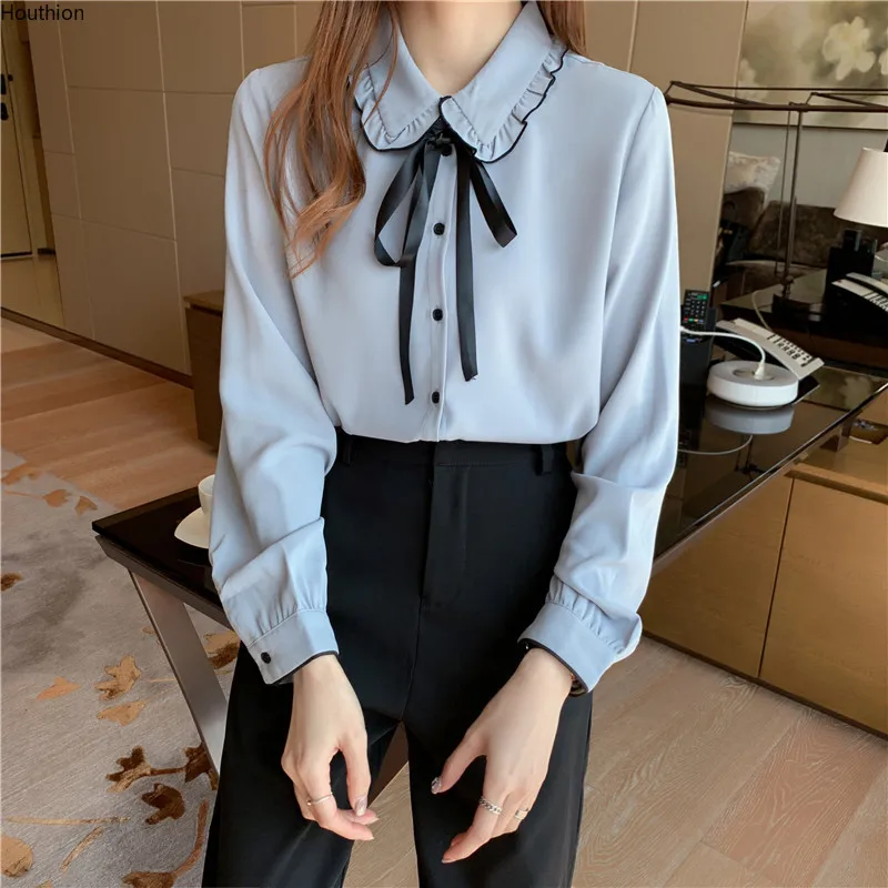 

Autumn New Women's Blouses Doll Collar Shirt Long Sleeve Tops Solid Color Blouse Girl Chiffon Casual Fashion Lady Loose