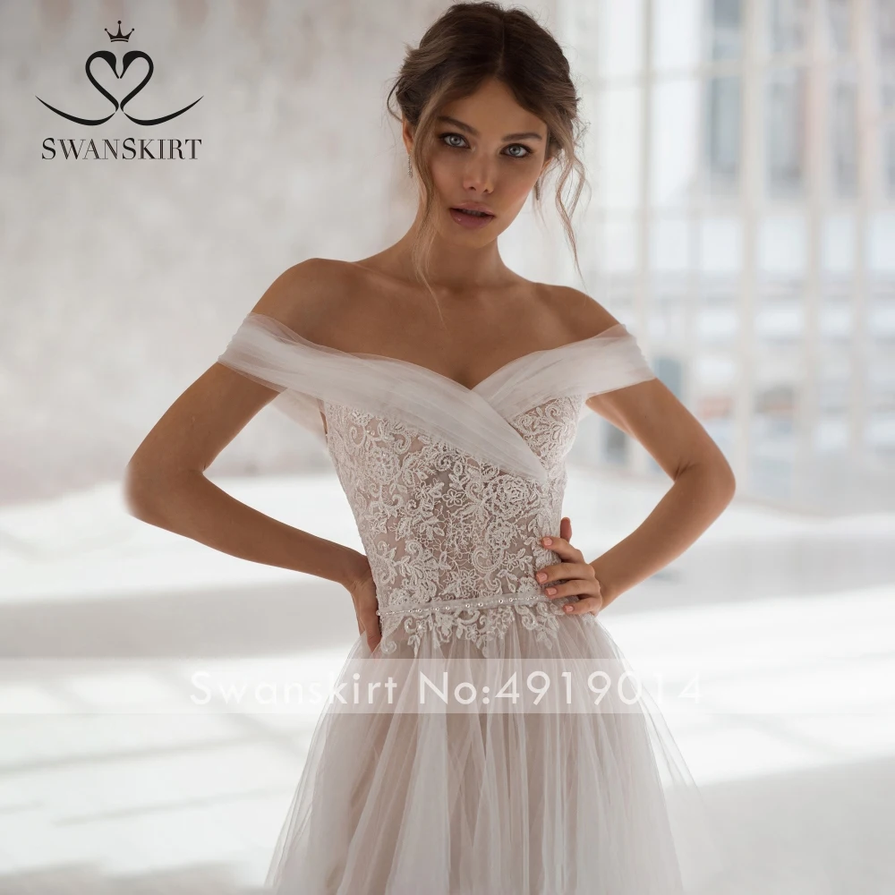 Бохо аппликации свадебное платье Swanskirt NR21 Милая с открытыми плечами А-силуэт суд Поезд размера плюс невесты платье vestido de noiva