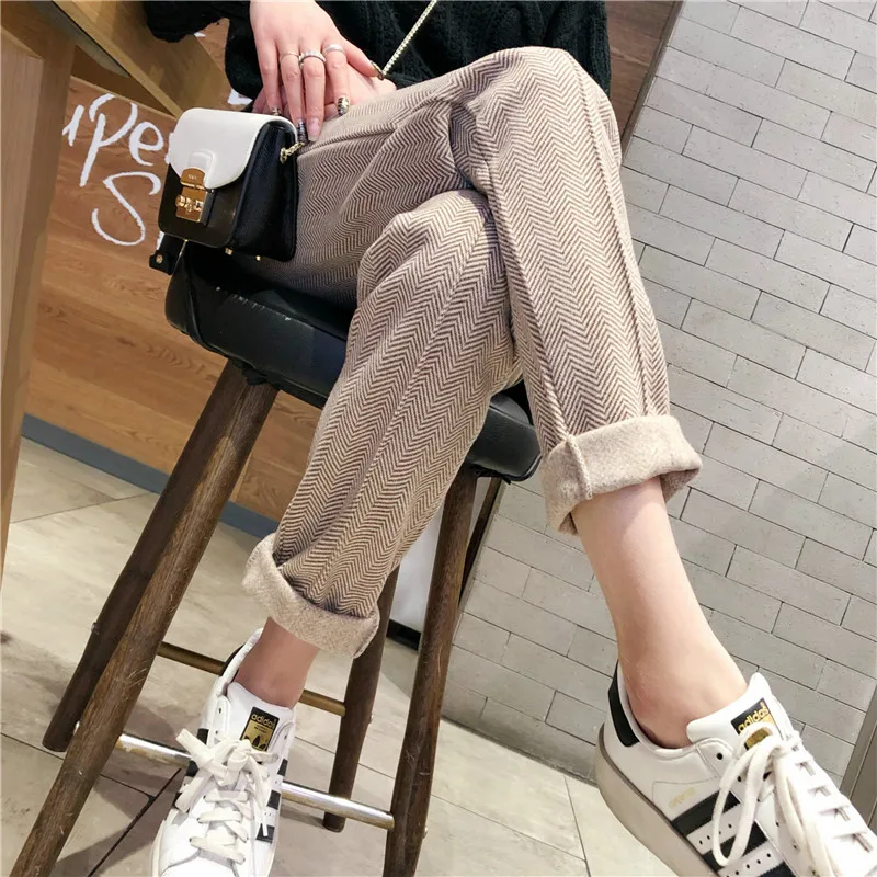 Осень Зима Новая женская одежда брюки корейский эластичный пояс полосатый хаки