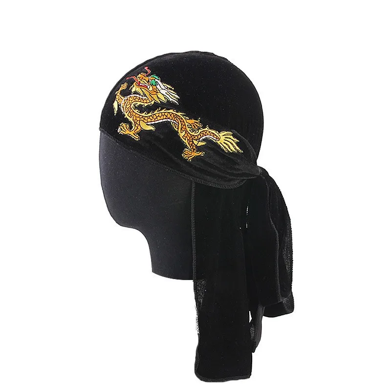 Тюрбан унисекс вышивка шаблон Бархат Durag дышащая бандана шляпа длинный хвост