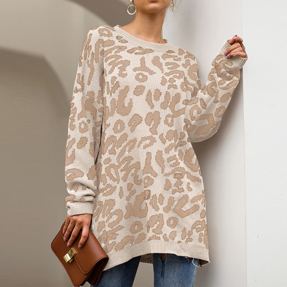 Модные осенние леопардовые пуловеры вязаные женские зимние свитера теплый