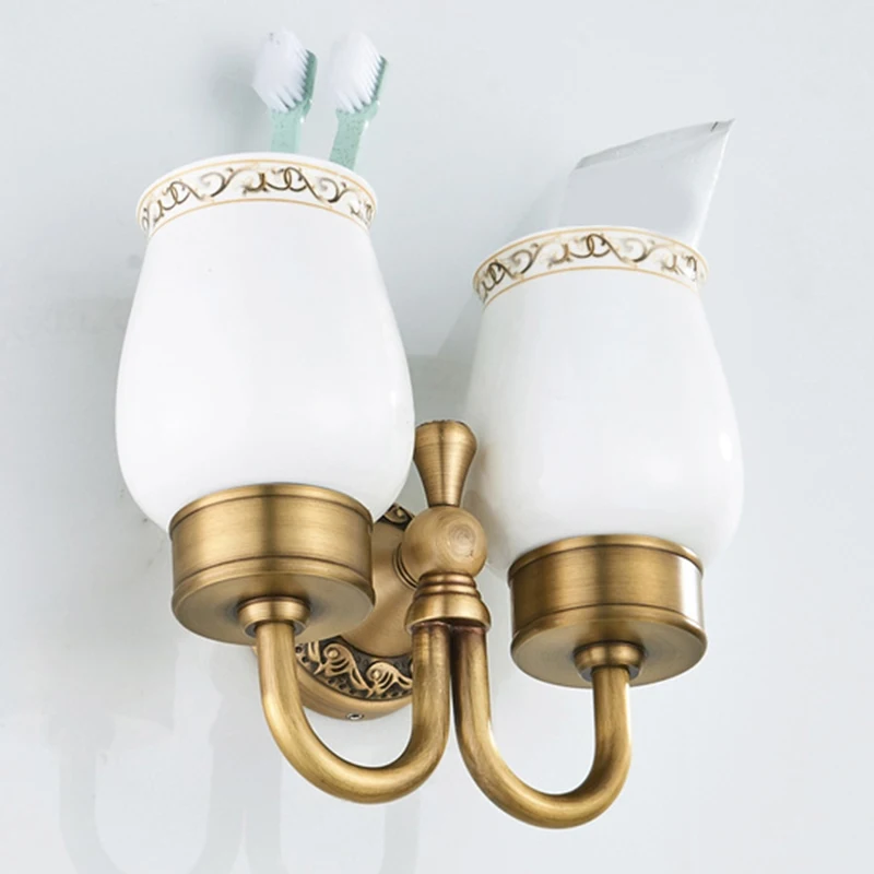 

Antique Brass Wall-Mounted Toothbrush Cup Holder with Double Ceramic Cups