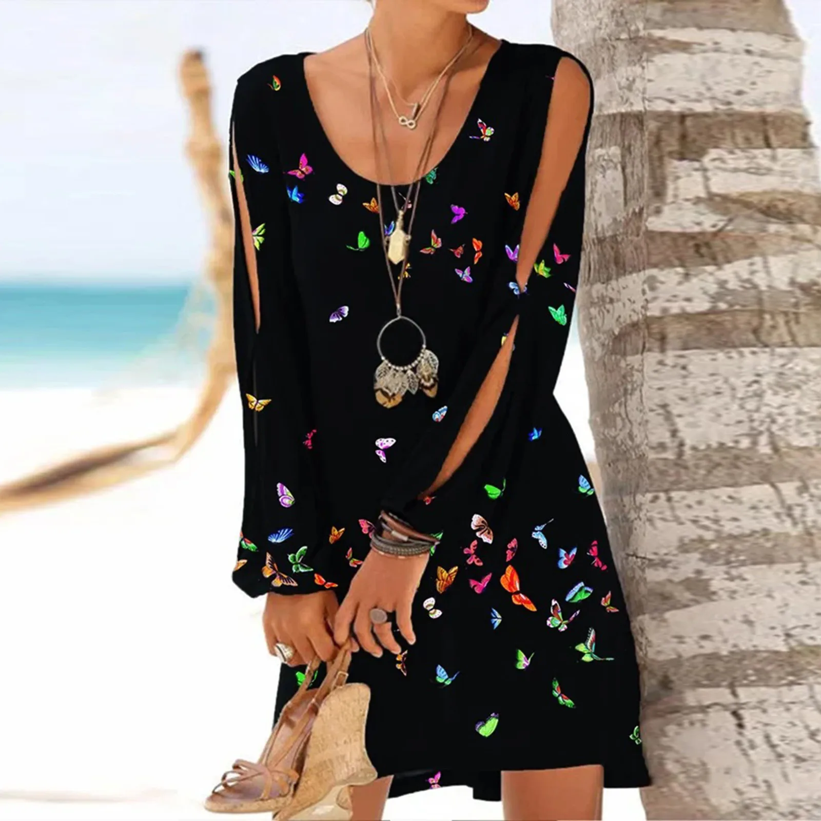 

Elegant V Neck Sling Dress Women 2021 Summer Sexy Off-The-Shoulder Cutout Long-Sleeved Print O-Neck Beach Mini Dress sukienka