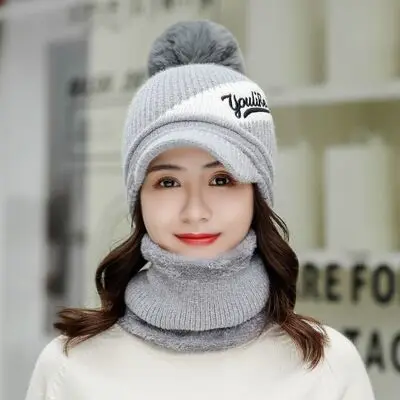 Зимняя шапка Skullies Beanies, модные шапки для женщин и девочек, теплый шарф из синели, набор шапок, Балаклава, маска, шапка, вязаная шапка - Цвет: gray Hat scarf set