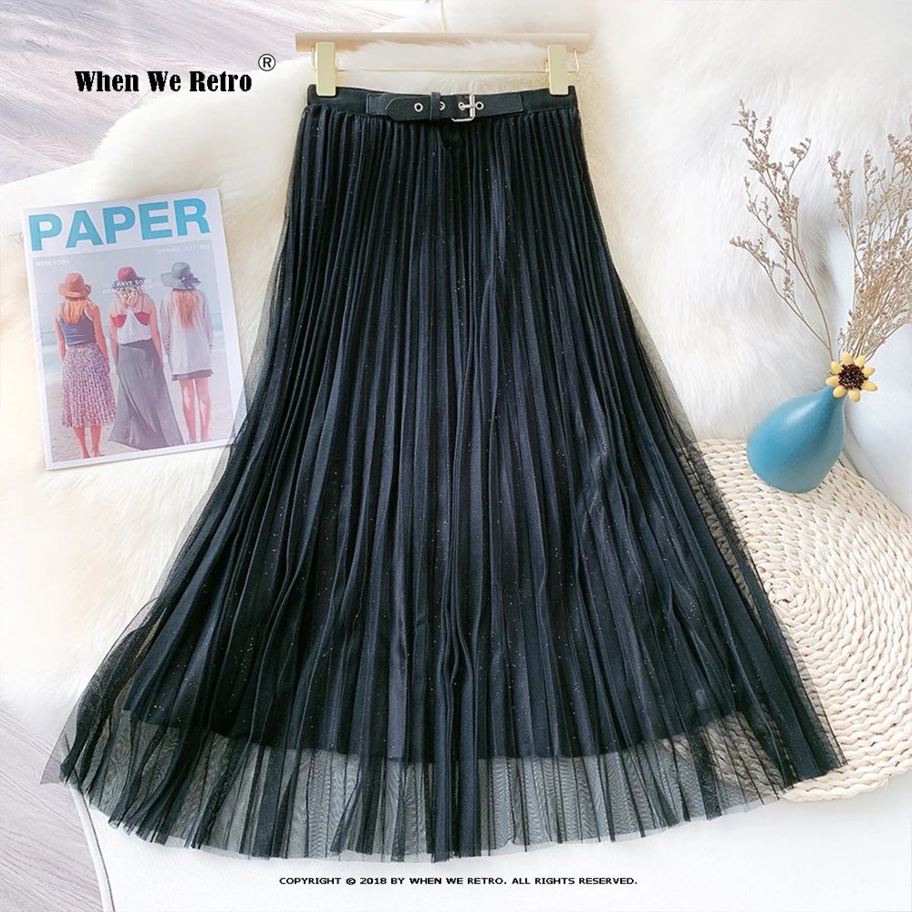 

Bling Women Long Pleated Skirt VD2021 High Waist Black Blue Apricot Summer Skirt