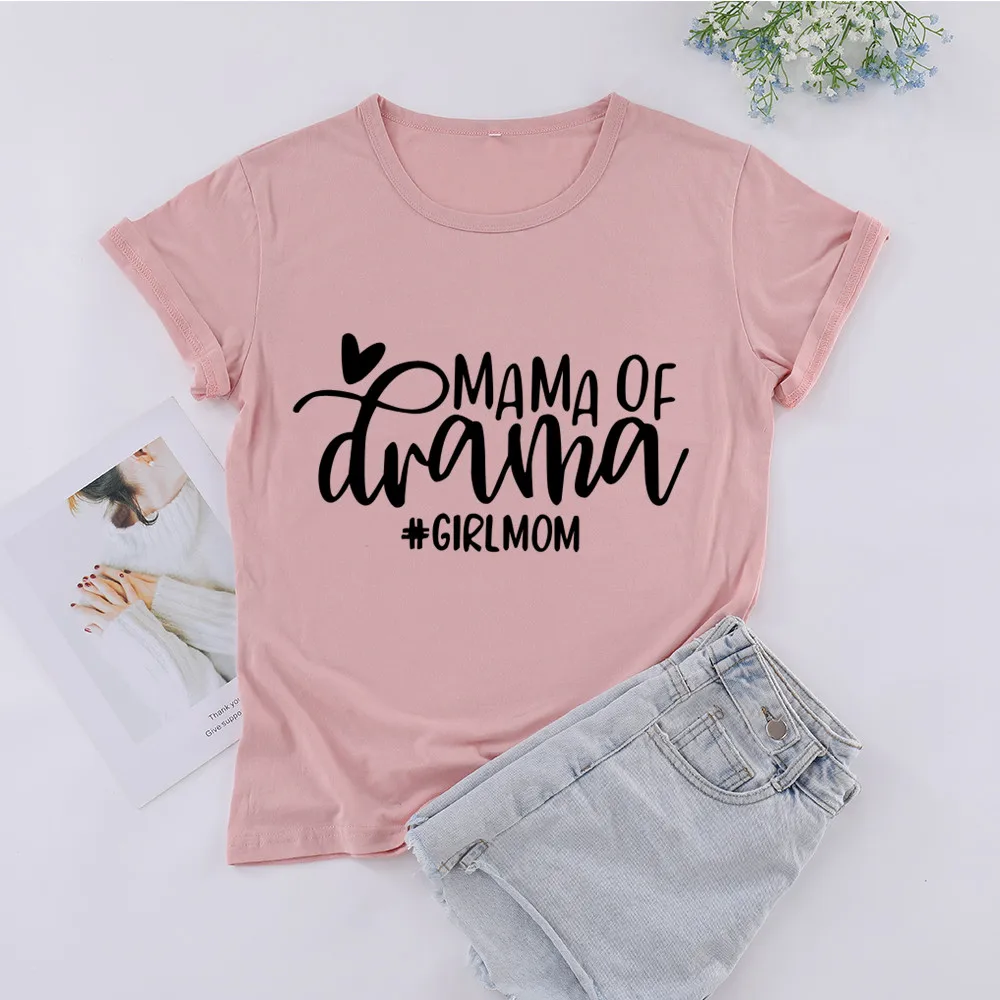 

MAMA OF Drama girl Mom Tshirt Women Cotton Kawaii Fashion Shirts Plus Size O Neck graphic mother T-shirt Short Sleeve Top Tees