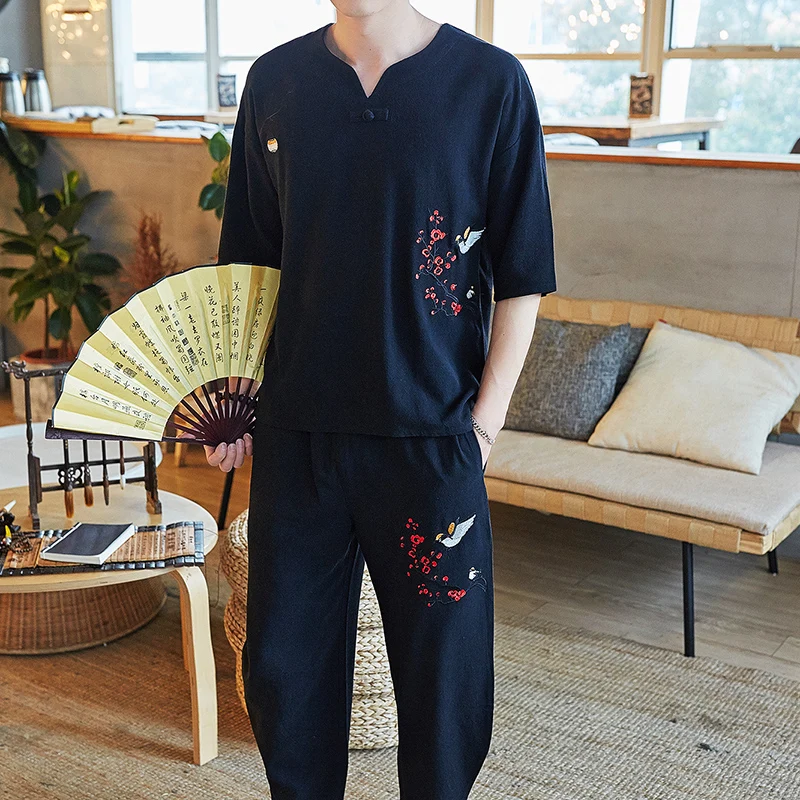 

+ trousers) 2020 (Shirt summer fashion shirt Man Cotton and linen Short sleeve men's casual shirts men size M to 4XL
