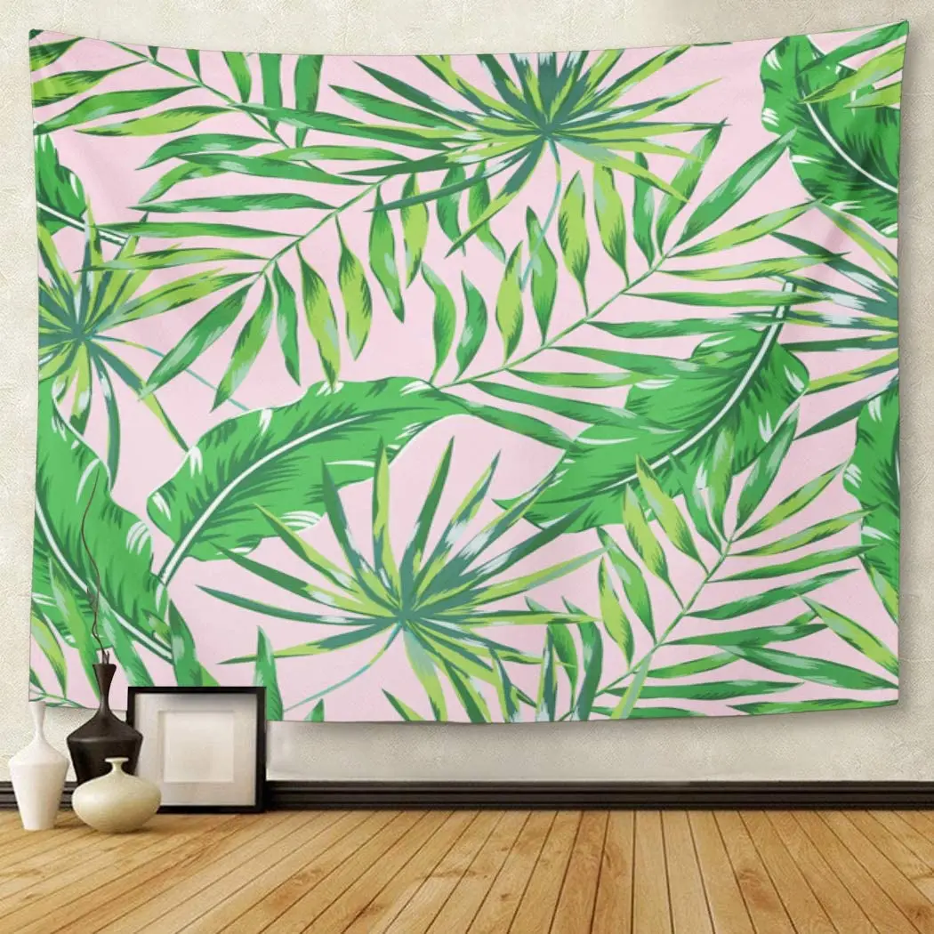 Гобелен экзотические Зеленые пальмовые листья на розовых тропических джунглях