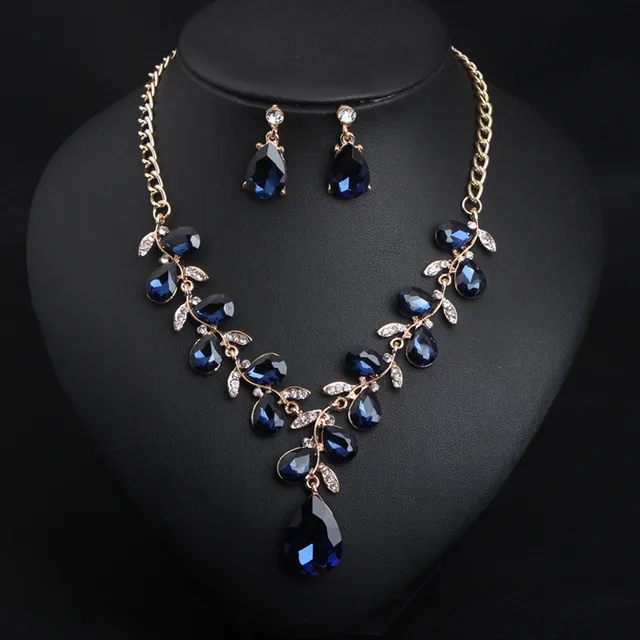 Leaf Jewelry Sets Bridal Gold Color Necklace Earrings Green Water Drop Crystal For Women Fashion Jewelry Set Accessories 3