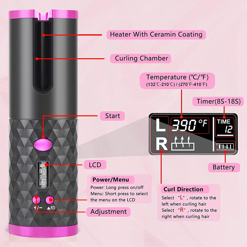 

Cordless Automatic Hair Curler USB Rechargeable LCD Display Ceramic Curly Auto Rotating Curling Iron Waves Hair Air Curler