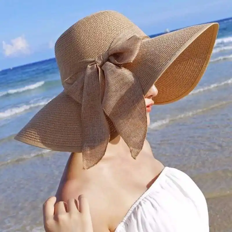 

Summer Women Straw Hat Lady Fashion Bowknot Big Wide Brim Floppy Panama Hats Female Outdoor Anti-UV Foldable Beach Sun Cap