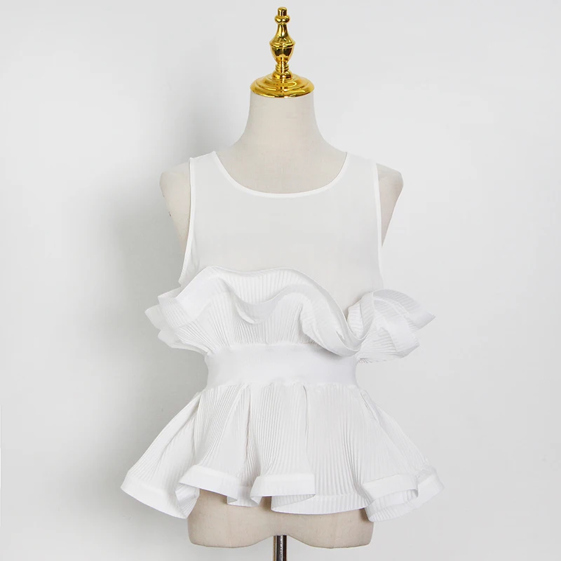 

Блузка женская с оборками, Элегантная туника без рукавов, с круглым вырезом, белая модная одежда в стиле пэчворк