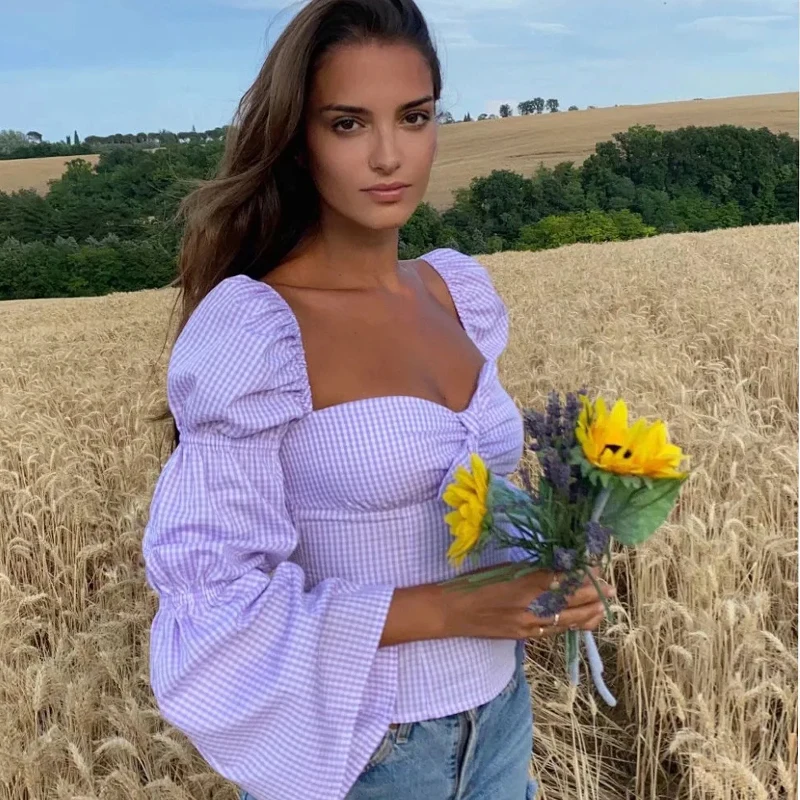 

Foridol Lantern Sleeve Plaid Purple Blouse Tops Autumn Winter Bowknot Casual Office Ladies Short Top Square Colllar New Tops