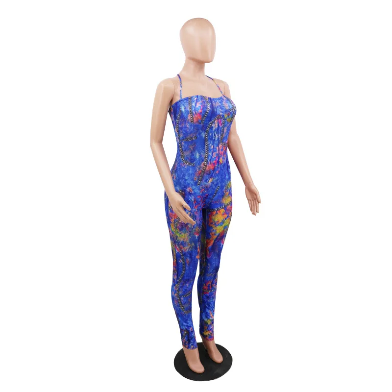 

2020 Summer Long Pants Women Halter Printed Sleeveless Bodycon Jumpsuit Skinny Plus Size Sexy Club Night Out Overall