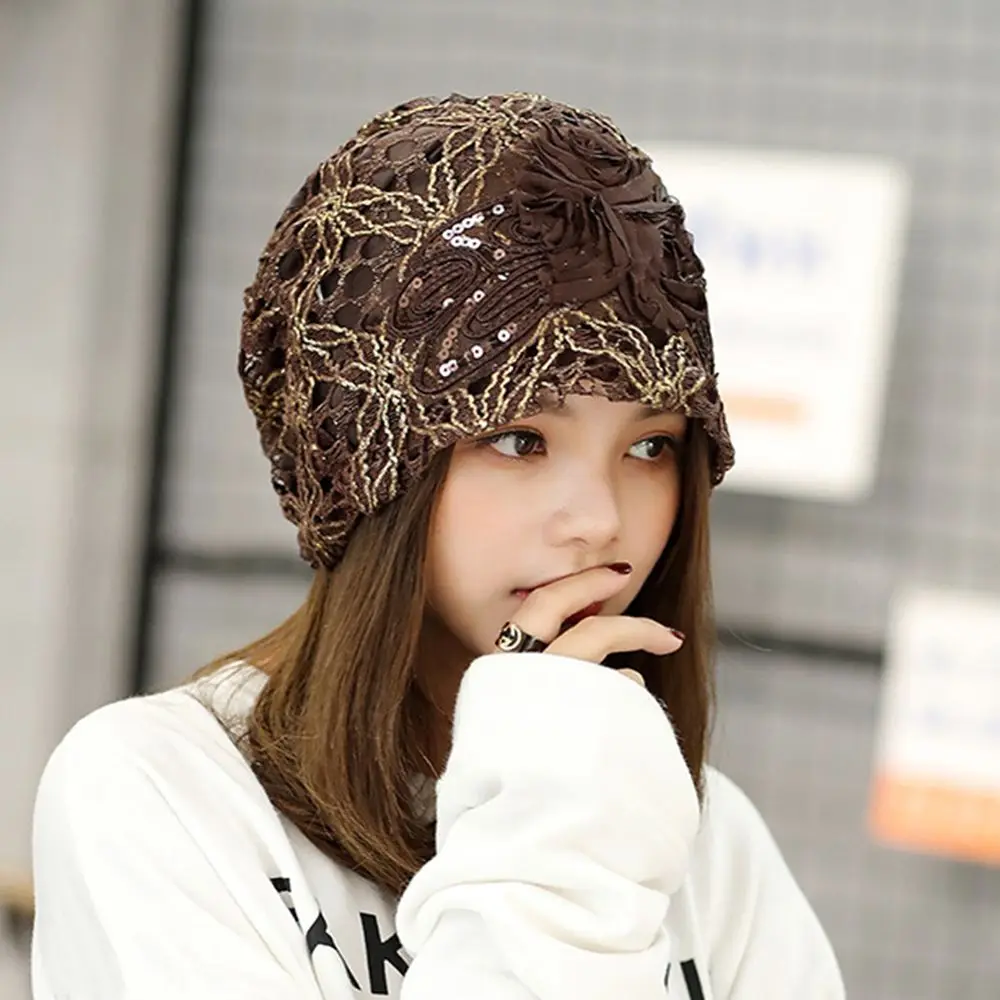 

Women hats spring summer thin bonnets for women designer lace flower skullies headscarf hat autumn latest turban beanies fashion