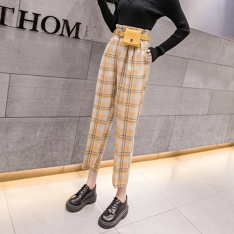 KINOMI Осенние клетчатые женские брюки в Корейском стиле с ремнем Женская рабочая