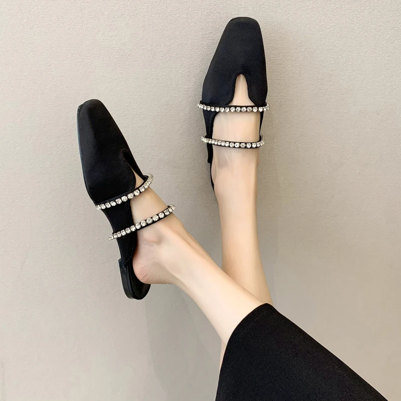 

Low Slippers Casual Shoes Woman 2021 Flock Cover Toe Loafers Pantofle Glitter Slides Luxury Flat New Jelly PU Fashion Crystal Ba