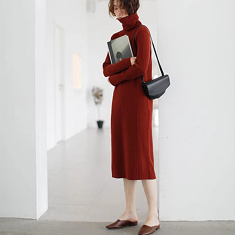 IClosam осенне зимнее женское трикотажное платье свитер с высоким воротом платья