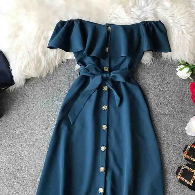 

Summer Bandage Dresses Women New Short Sleeve Off Shoulder Sexy Beach Casual Dress Female Slash Neck Single Breasted Long Robe