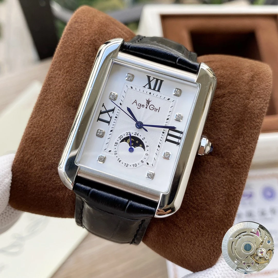 

Luxury Brand New Men Rose Gold Moonphase Stainless Steel Automatic Mechanical Black Brown Leather Rome Diamonds Sapphire Watch