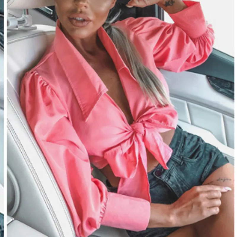 Fashion Women Bandage Cropped Tops Casual Shirts Puff Sleeve Blouse Slim Fit 2019 New | Женская одежда
