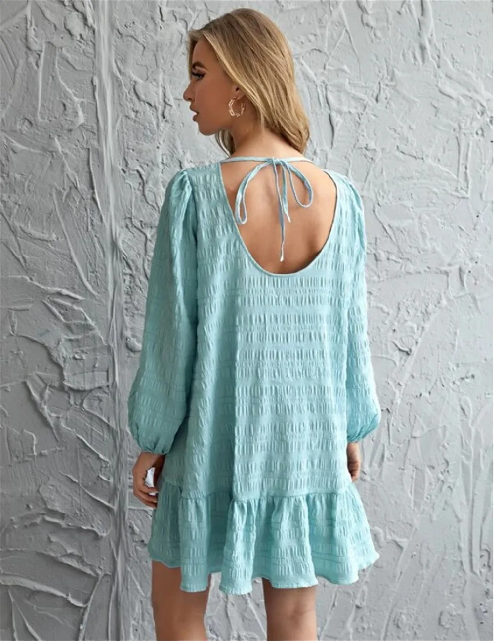 

Mini Dress Solid Color Hollow Out Bandage Lantern Sleeve Loose Sweet Style A Line Dress Autumn Womens Clothes