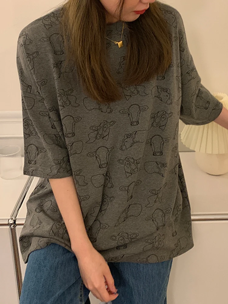 С принтом коровы футболка 2021 летние свободные корейской версии Ins бойфренд Стиль