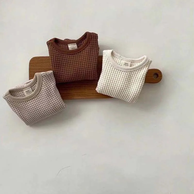 

3 Color Spring Autumn Boys Girls Korean Version Of Baby Thick Waffle Long Sleeve Pullover Casual Toddler Tops Kids Clothing Smk